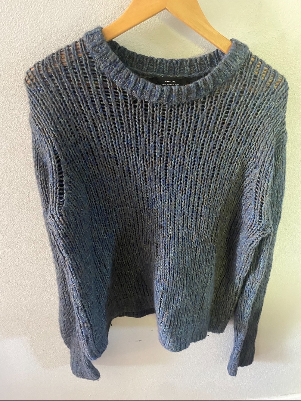 VINCE Open Knit Blue Crewneck Wool Blend Sweater Size Large